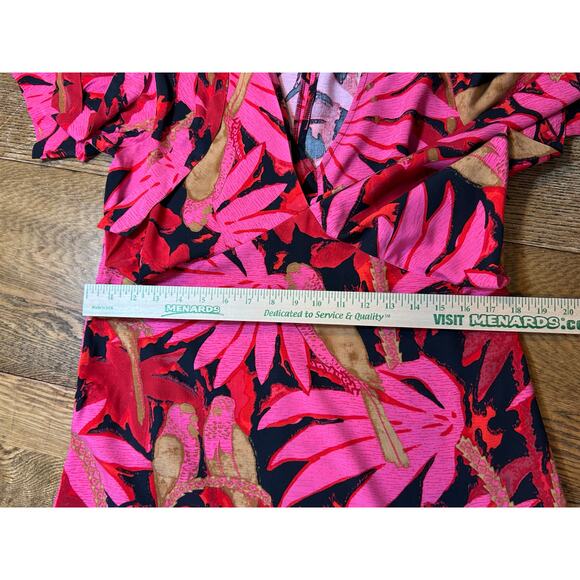 J. Crew Palm Print Faux Wrap Midi Dress Pink Red Black Sz 8 - Picture 6 of 11
